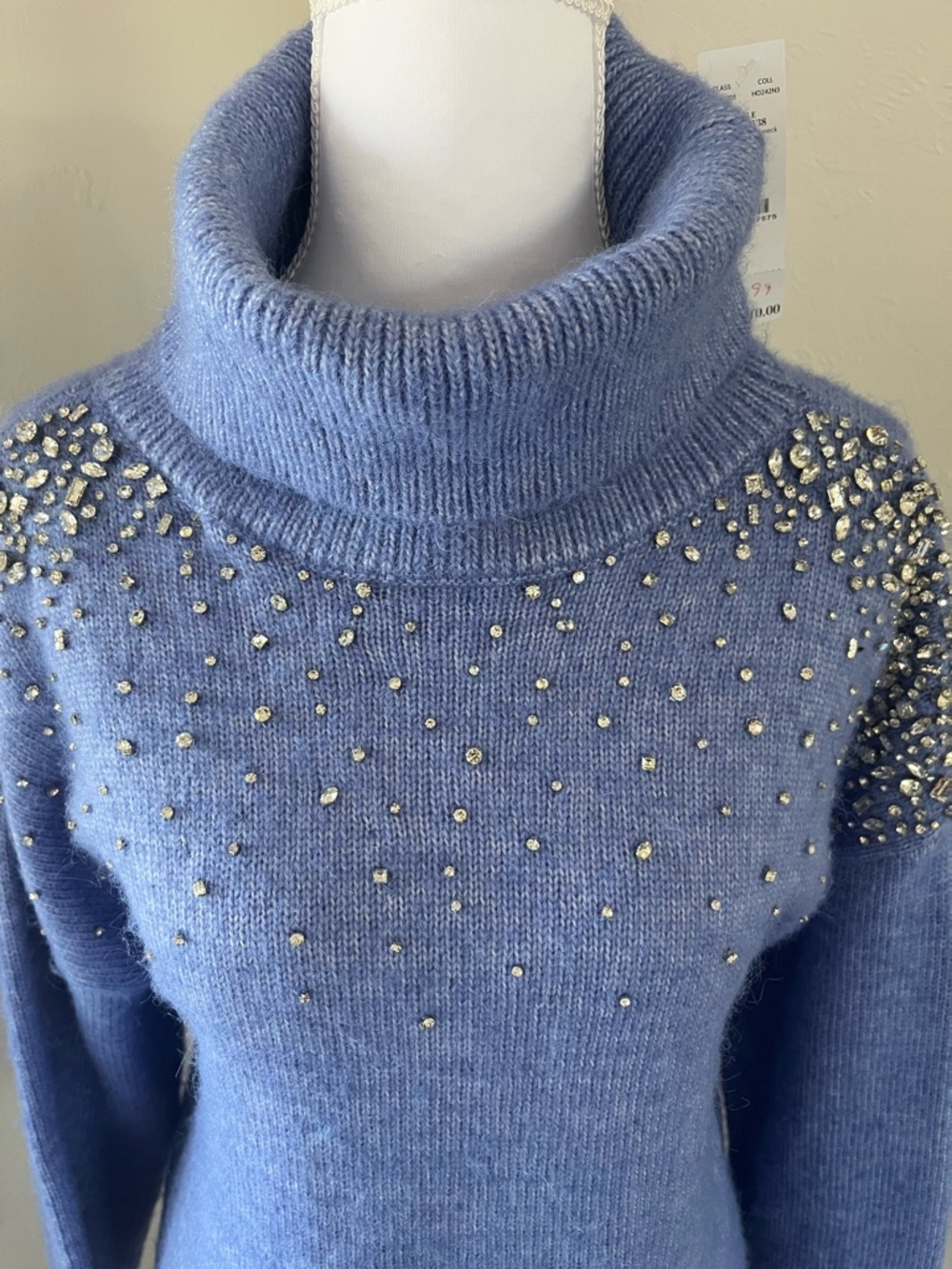 White House Black Market Periwinkle Turtleneck Sweater with Rhinestone Accents